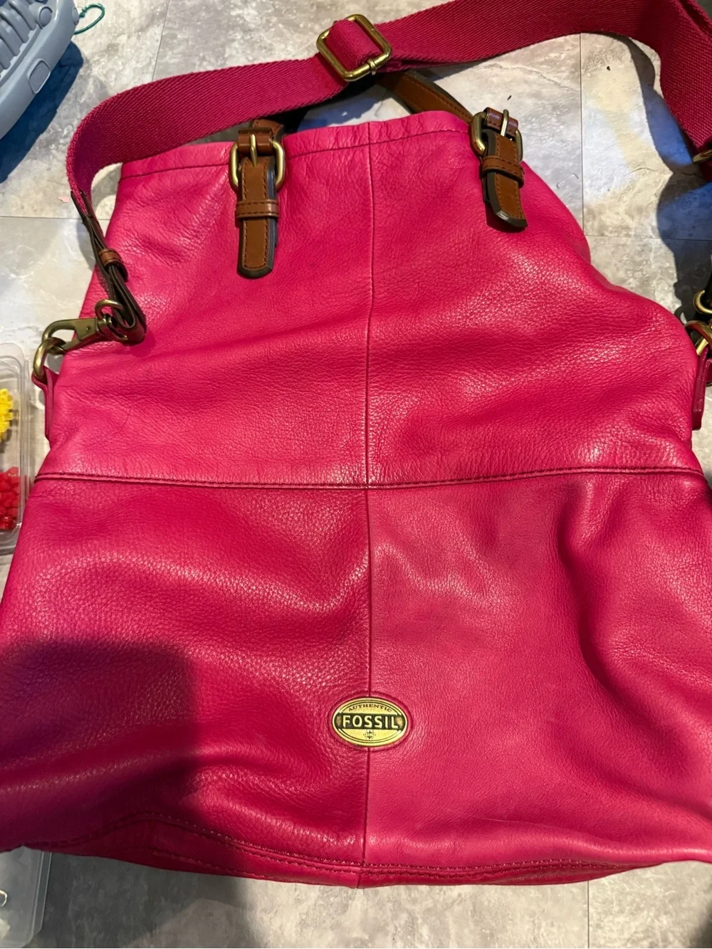 Fossil Hot Pink Leather Tote with Gold Logo